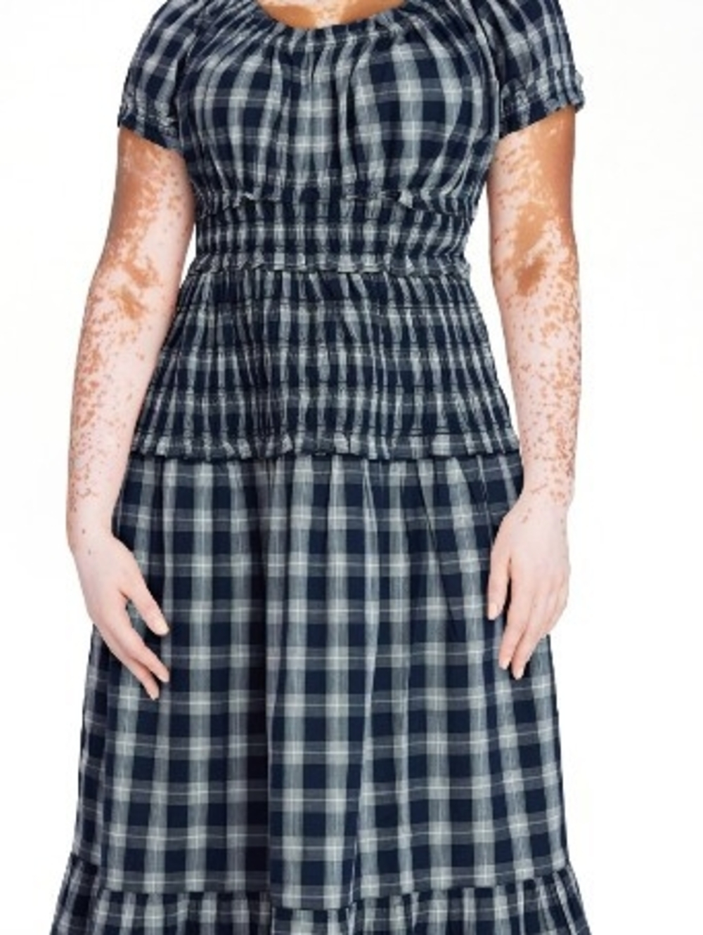 Time and Tru Navy and White Plaid Smocked Midi Dress